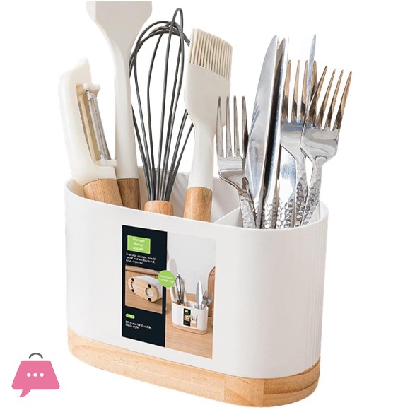 Cutlery Storage Drainer Rack - Wooden Base Kitchen Utensil Holder