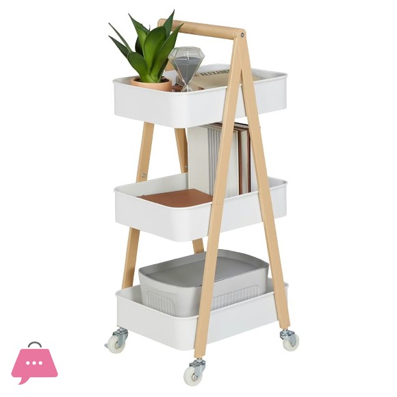 Danny Home 3 Layer Trolley Cart Rubber Wood With Locking Wheels