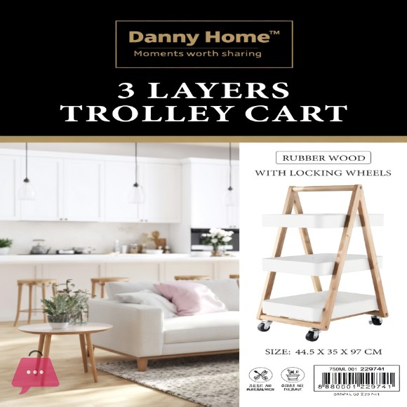 Danny Home 3 Layer Trolley Cart Rubber Wood With Locking Wheels