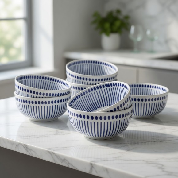 Danny Home Blue White Striped Ceramic Serving Bowl 4.5Inch Pack of 6