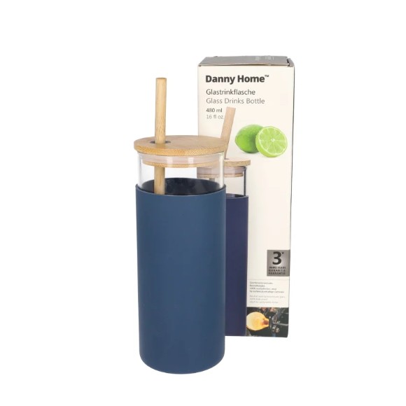 Danny Home Borosilicate Bottle with Wood Lid & Straw 17.7cm