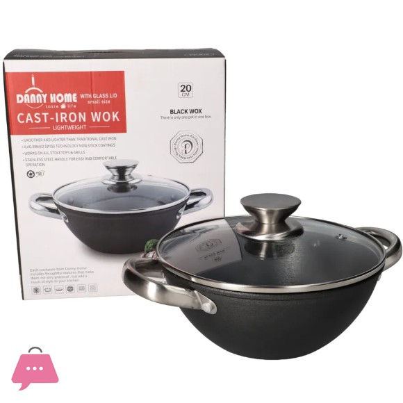 Danny Home Cast-Iron Karahi Double Handle Wok with Lid