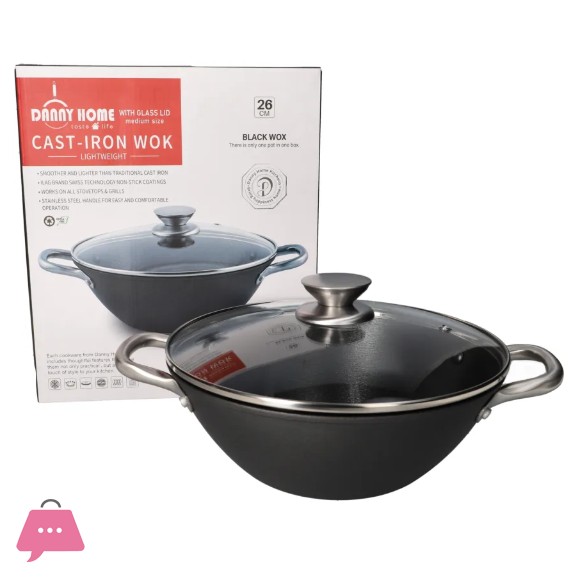 Danny Home Cast-Iron Karahi Double Handle Wok with Lid