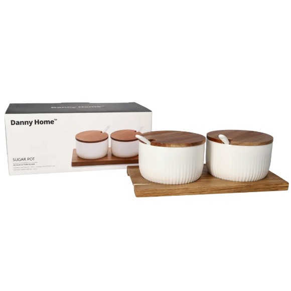 Danny Home Porcelain Sugar Bowl Wooden Lid Set 7pcs
