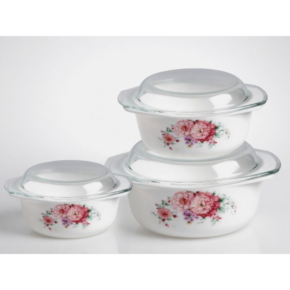Danny Home Opal Glass Serving Dish with Lid Casserole Set 3 Piece 1.0+1.5+2.5 Liter