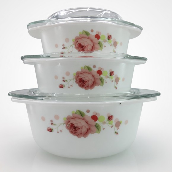 Danny Home Opal Glass Serving Dish with Lid Casserole Set 3 Piece 1.0+1.5+2.5 Liter