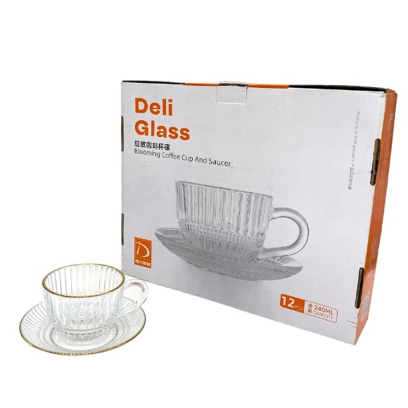 Deli Glass Blooming Tea Cup and Saucer 240ml Pack of 6