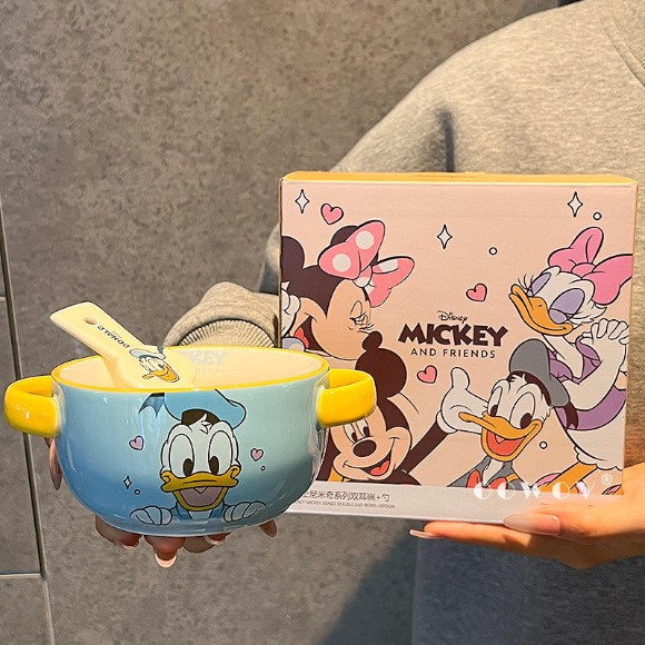 Disney Cartoon Minnie Mouse & Donald Duck Double Ear Ceramic Bowl with Spoon