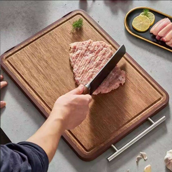 SHENGYA Double Side Stainless Steel Wood Chopping Board with Handle