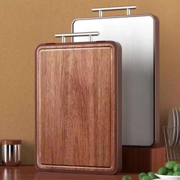 SHENGYA Double Side Stainless Steel Wood Chopping Board with Handle