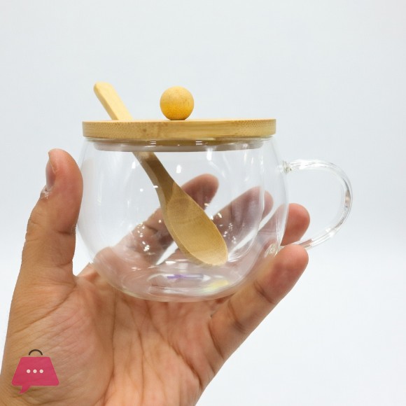 Double Walled Tea Cup with Wooden Lid and Spoon - 250ml