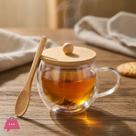 Double Walled Tea Cup with Wooden Lid and Spoon - 250ml