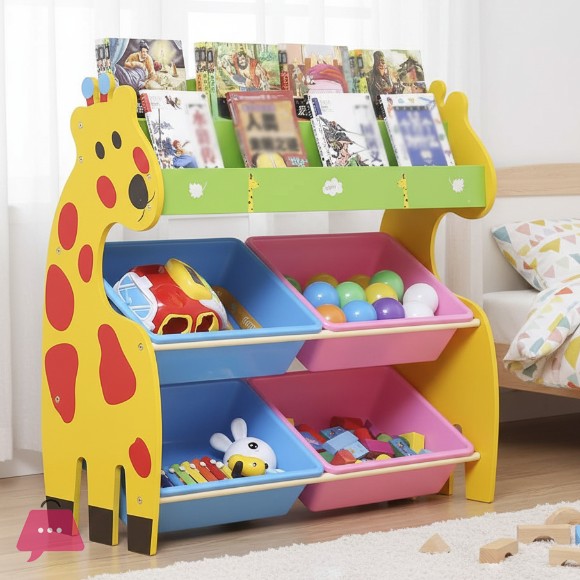 Giraffe Kids Toys Storage Book Shelves 4 Large Boxes Cabinet Toy Rack