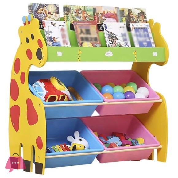Giraffe Kids Toys Storage Book Shelves 4 Large Boxes Cabinet Toy Rack