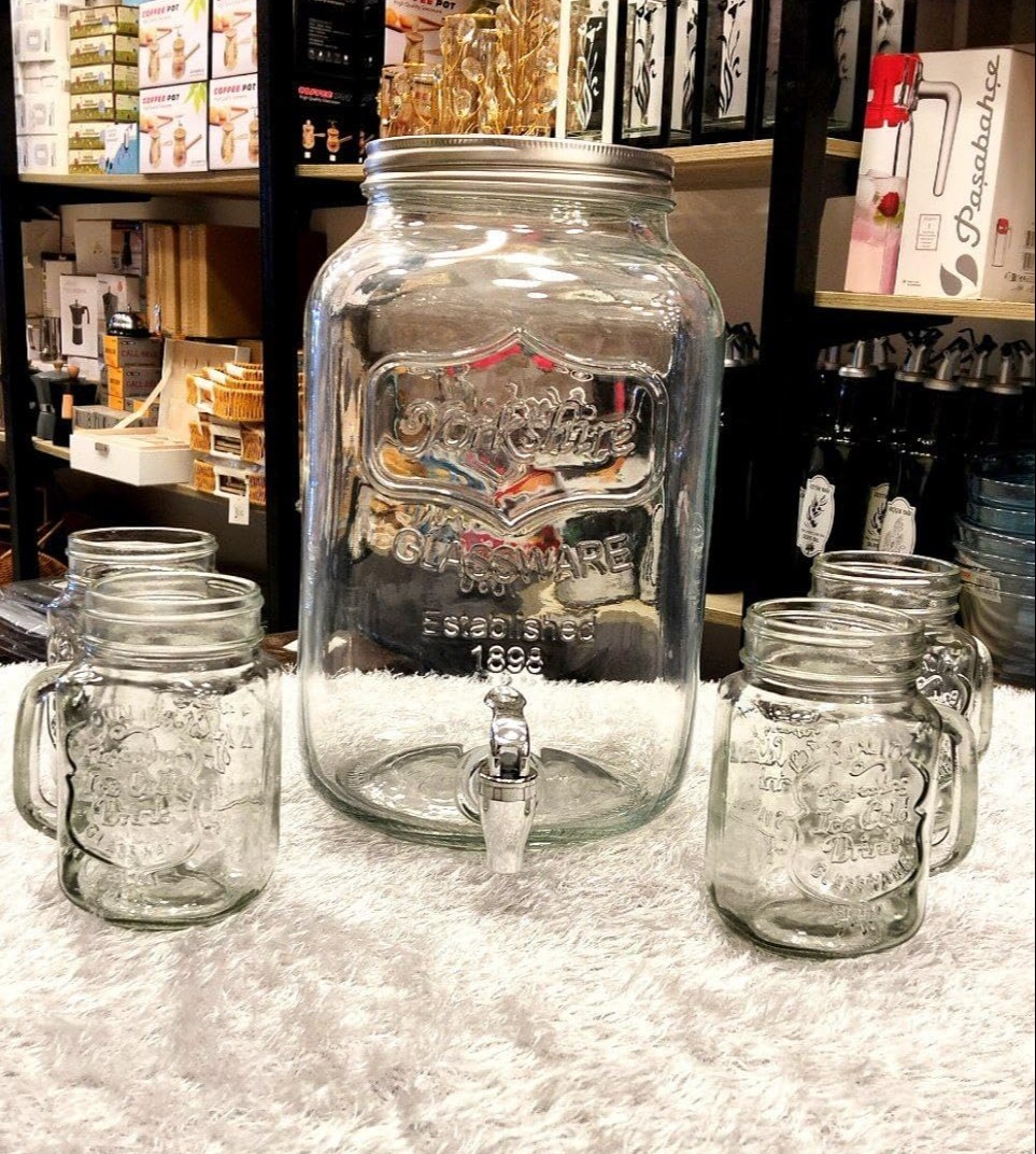 glass-beverage-dispenser-5pcs-set-8-litre-drink-server-with-4-mason-jar-520ml