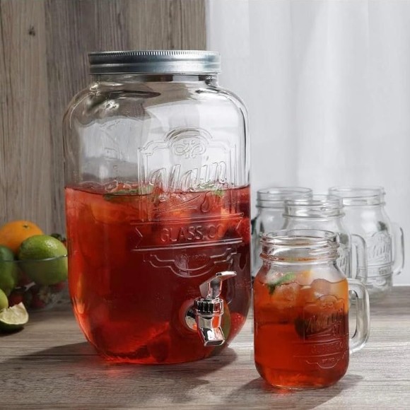 Glass Beverage Dispenser 5Pcs Set 8 Litre Drink Server with Ice Chamber & 4 Mason Jar 520ml