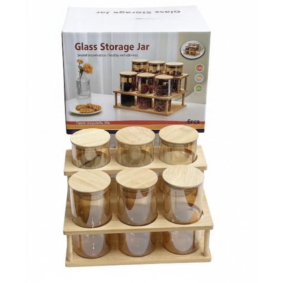 Glass Spice Jars with Airtight Glass Storage Jar with Bamboo Stand 6 Pcs