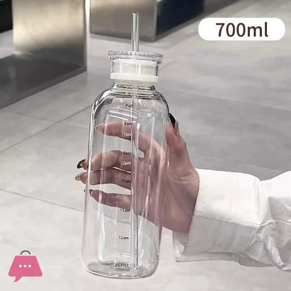 Glass Water Bottle with Straw Clear Kawaii Drinking Bottle Leakproof Iced Coffee Cup 500/750ml