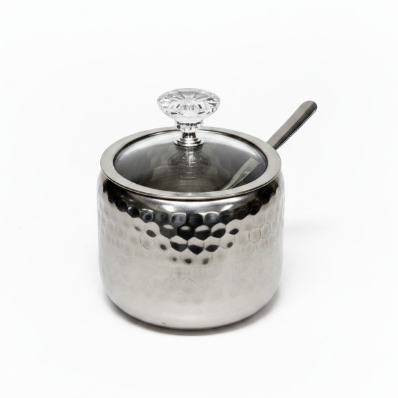 Hammered Design Steel Sugar Bowl with Lid & Spoon