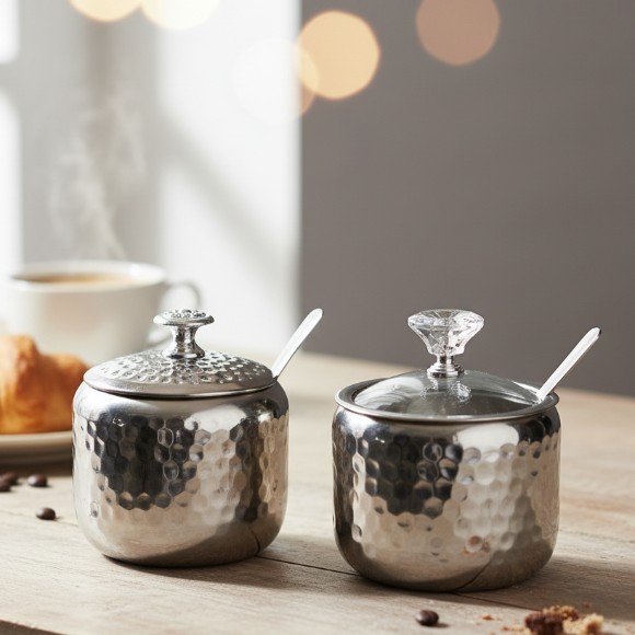 Hammered Design Steel Sugar Bowl with Lid & Spoon