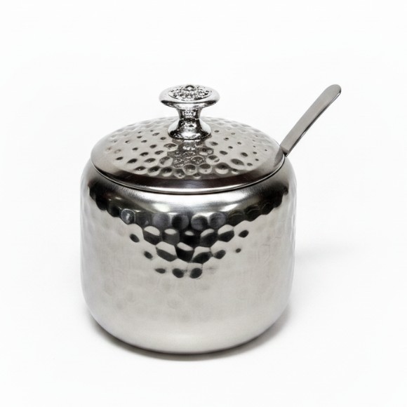 Hammered Design Steel Sugar Bowl with Lid & Spoon