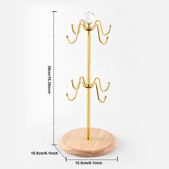 Hanging Cup Drain Rack Wooden Bottom Tree Mug Holder Golden