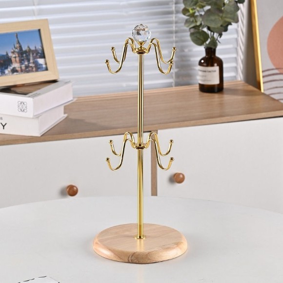 Hanging Cup Drain Rack Wooden Bottom Tree Mug Holder Golden