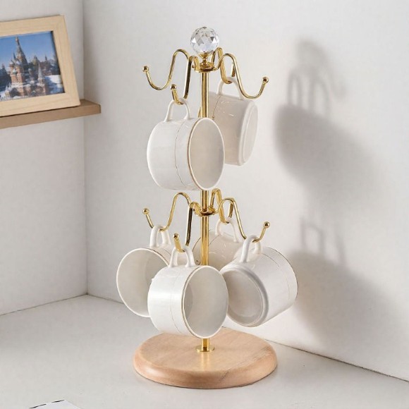 Hanging Cup Drain Rack Wooden Bottom Tree Mug Holder Golden