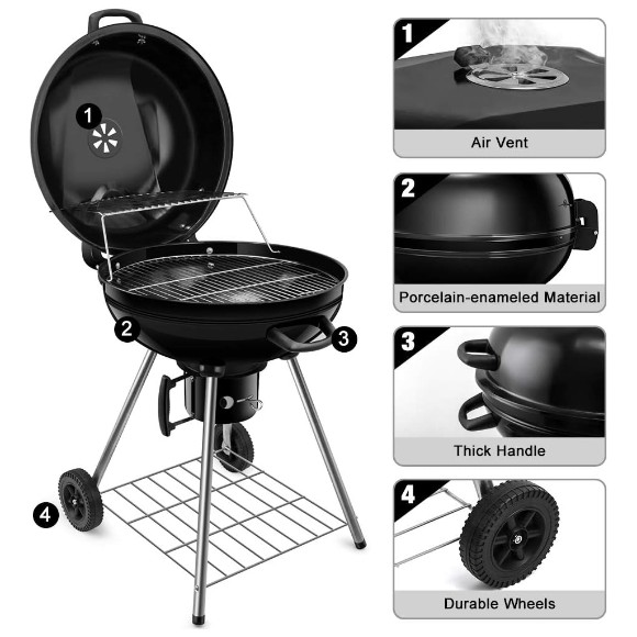 Heavy Duty Charcoal Grill Barbecue Coal Kettle Bowl Grill Portable Round with Wheels 22.5 Inch