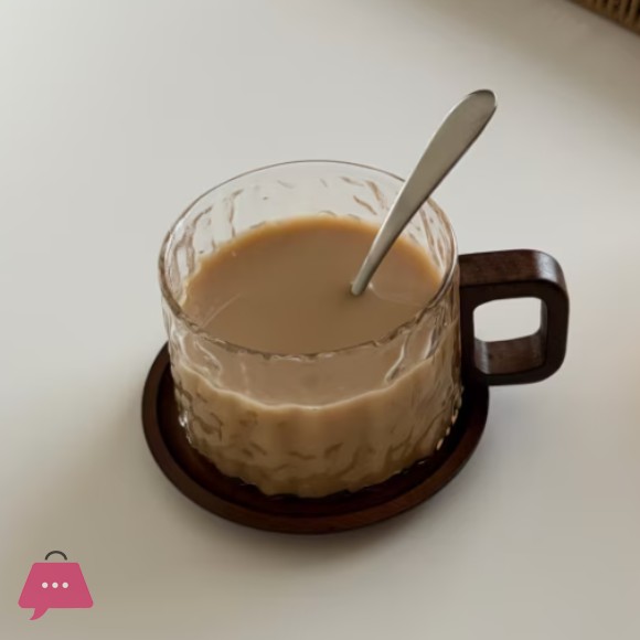 High Quality Borosilicate Glass Mug with Wooden Handle and Coaster - 240ml