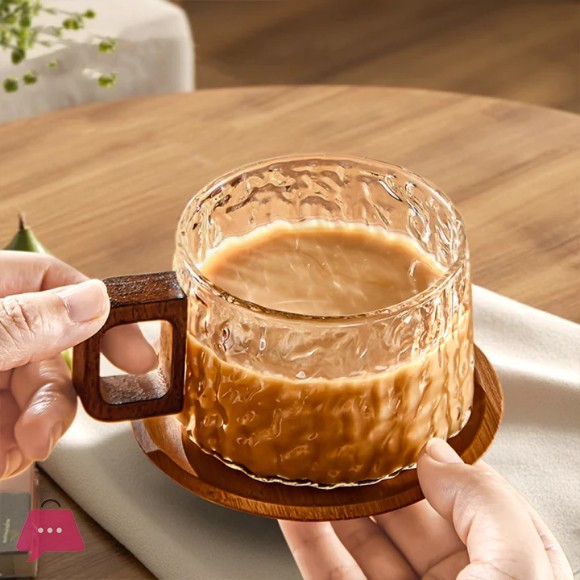 High Quality Borosilicate Glass Mug with Wooden Handle and Coaster - 240ml