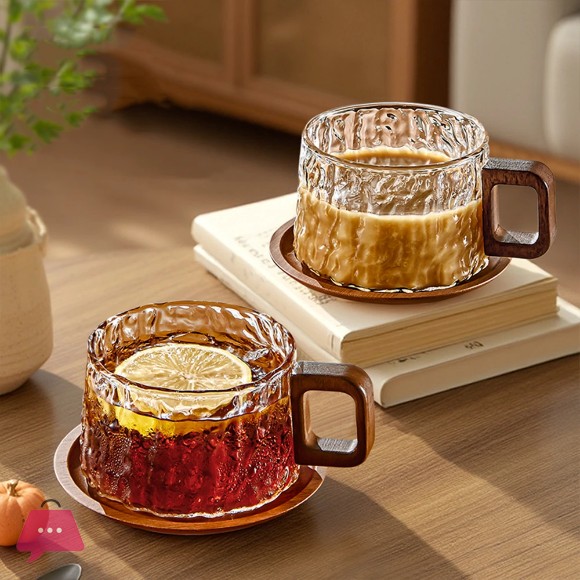 High Quality Borosilicate Glass Mug with Wooden Handle and Coaster - 240ml