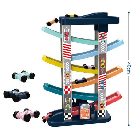 Kids Car Ramp Racer Toy Set – Multi-Level Wooden Track with Mini Cars