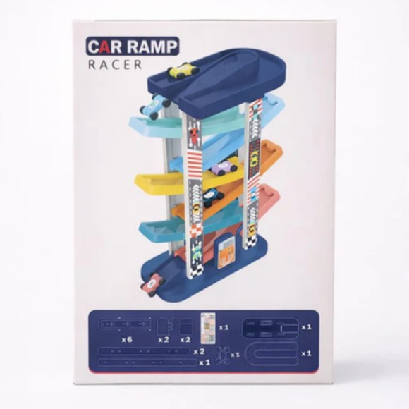 Kids Car Ramp Racer Toy Set – Multi-Level Wooden Track with Mini Cars