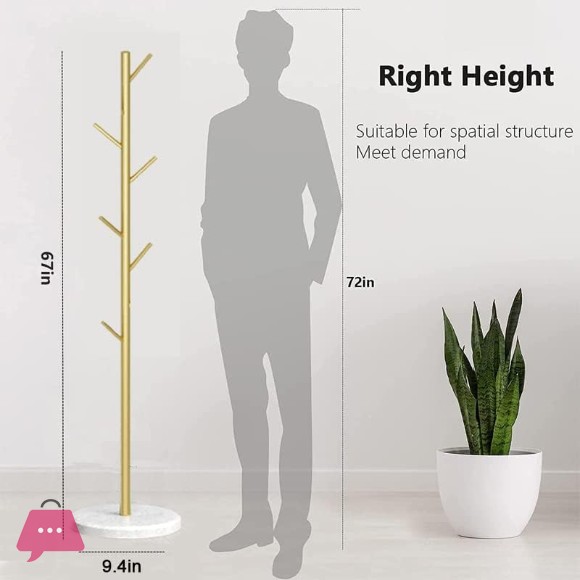 Metal Coat Rack Bracket Finish Stable Marble Round Base with High-End Hooks Freestanding Metal Tree Easy to Assemble (Gold Stainless steel)