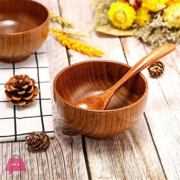 Natural Wood Serving Bowl With Spoons