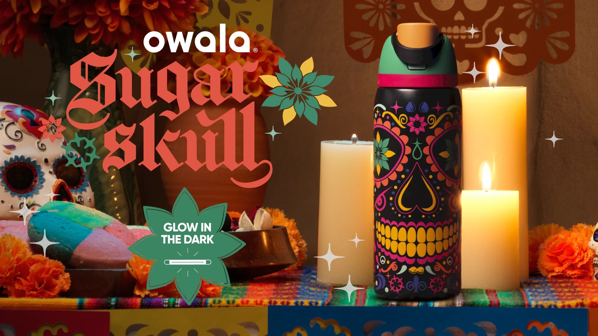 owala-32oz-color-drop-freesip-sugar-skull-water-bottle-glow-in-the-dark---limited-edition
