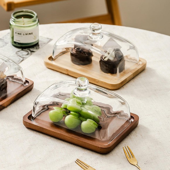 Rectangle Glass Butter Dome with Wood Base