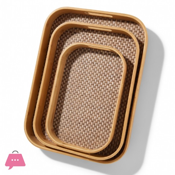 Rectangular Rattan Bamboo Serving Tray with Handles - 3 Pieces