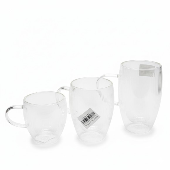 Ribbed Double Wall Glass Mug with Handle