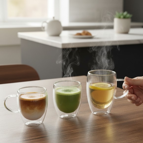 Ribbed Double Wall Glass Mug with Handle