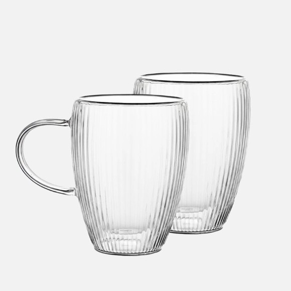 Ribbed Double Wall Glass Mug with Handle