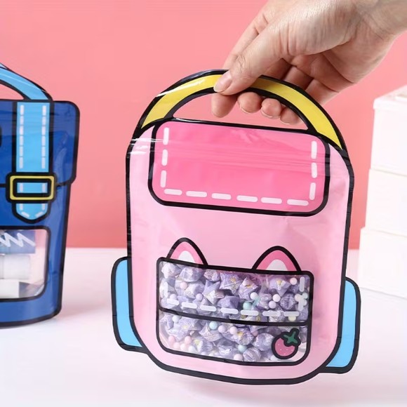 Set Of 4 Zip Lock Bag, Kids School Bag Shape Packing Bag, Cartoon Candy Cookie Bag