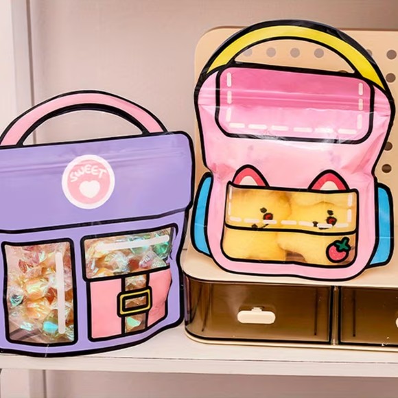 Set Of 4 Zip Lock Bag, Kids School Bag Shape Packing Bag, Cartoon Candy Cookie Bag