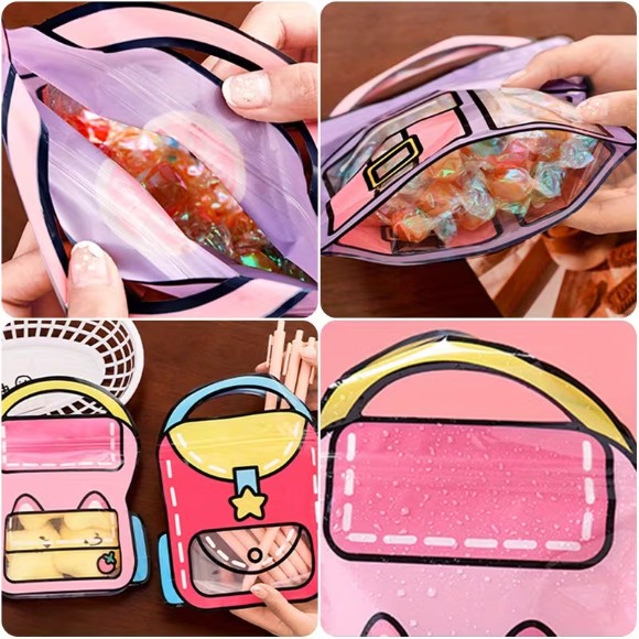 Set Of 4 Zip Lock Bag, Kids School Bag Shape Packing Bag, Cartoon Candy Cookie Bag