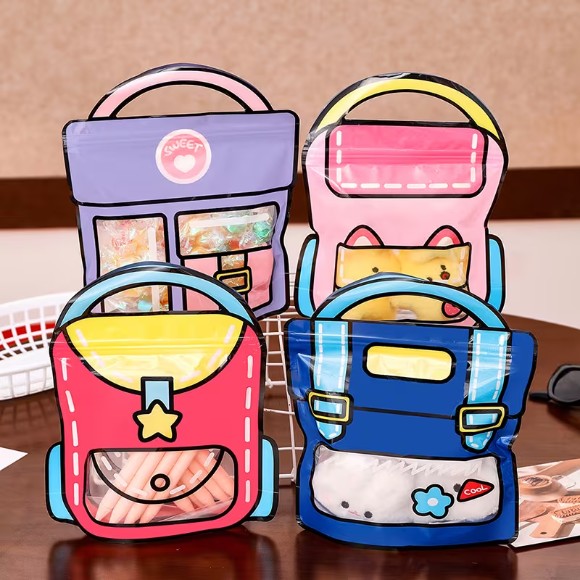 Set Of 4 Zip Lock Bag, Kids School Bag Shape Packing Bag, Cartoon Candy Cookie Bag