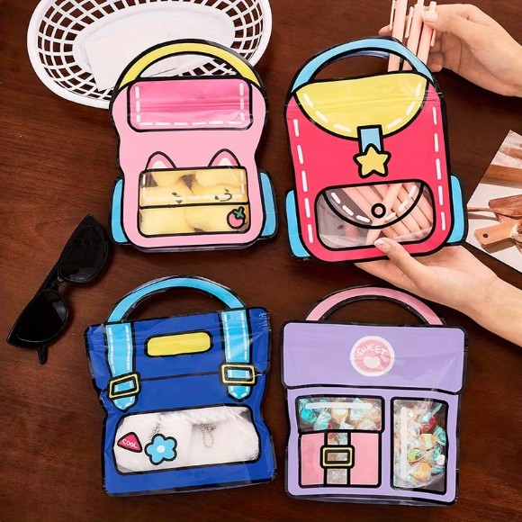 Set Of 4 Zip Lock Bag, Kids School Bag Shape Packing Bag, Cartoon Candy Cookie Bag