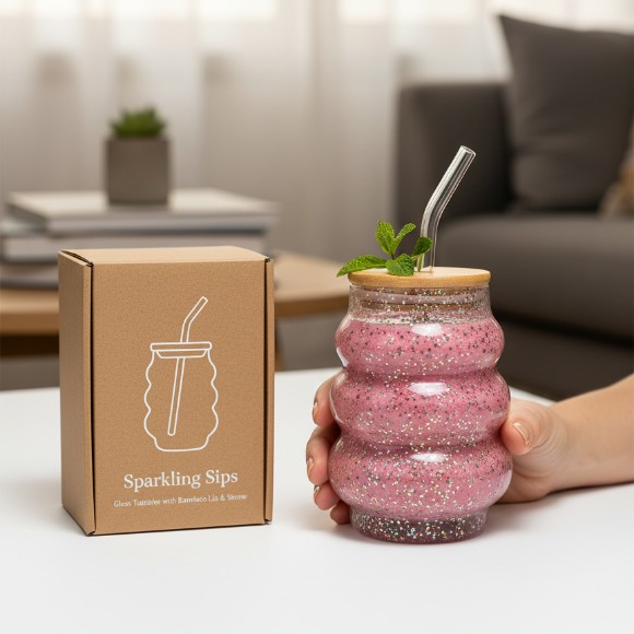 Sparkling Glitter Glass Tumbler with Bamboo Lid & Glass Straw
