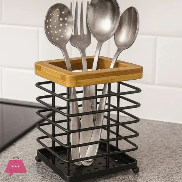 Square Metal Wooden Cutlery Holder