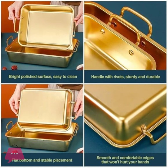 Stainless Steel Golden Rectangular Oven Tray with Handles - Chicken, Turkey & Fish Baking Tray
